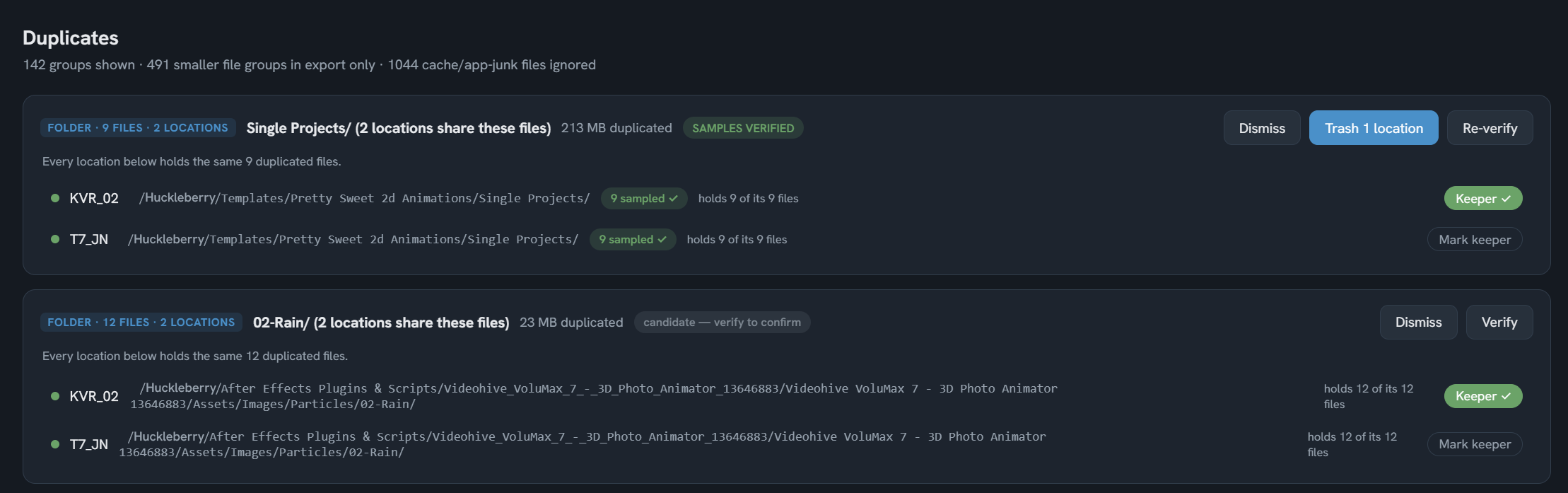 A duplicate group verified byte for byte, keeper marked, ready to trash the rest