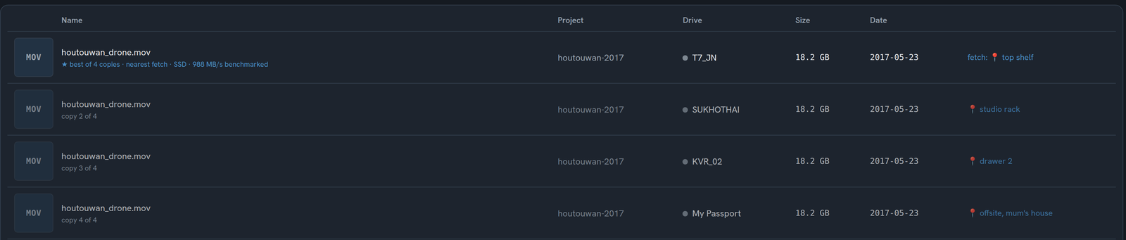 Search results showing four copies of a file, with the best copy marked and its shelf location shown