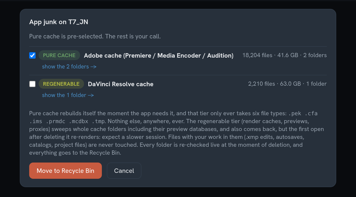 The Drive Atlas app junk review panel with Adobe cache pre-selected and DaVinci Resolve cache left unticked